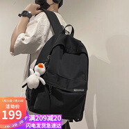 viney雙肩包男女簡約大容量旅行包背包電腦包休閑日系初中高中大學生書包小學生4-6年級超輕便減負減壓高顏值戶外出游旅游ins時尚潮流手提登山包 黑色+鴨子掛件
