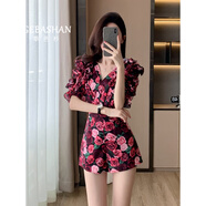 歌芭杉（GEBASHAN）品牌女裝法式復(fù)古碎花連體衣女2025夏季新款收腰顯瘦修身闊腿短褲 圖片色 S