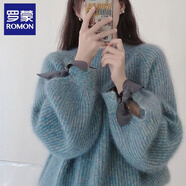 羅蒙（ROMON）針織衫女秋新款加厚保暖法式寬松慵懶風(fēng)套頭毛衣女外穿上衣 霧霾藍(lán) 均碼 (適合80-140斤)
