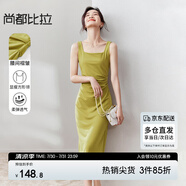 尚都比拉法式連衣裙女夏天赫本風(fēng)氣質(zhì)A字裙抽褶收腰顯瘦背帶裙 黃綠色 XL