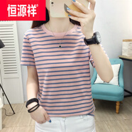 恒源祥條紋t恤女短袖中年夏裝2025新款純棉寬松女士洋氣上衣服打底衫女 粉色【單價裝】 M 建議90-105斤