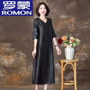 羅蒙（ROMON）雙面龜紋夏季香云紗連衣裙五分袖大碼真絲袍子高端媽媽裙子新款 【雙面穿】黑色主面 7XL 185-200斤