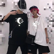SUMI2021新款男情侶hiphip嘻哈月亮反光上衣學(xué)生女大碼寬松夏季T 反光黑色 S
