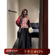 三吉黑花【松鶴】國風新中式拼接連衣裙子女秋冬季過年戰(zhàn)袍長裙潮 紅黑  紅黑  S