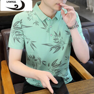 浪古 LAWKUL男士polo領(lǐng)夏季2024新款潮流休閑印花短袖t恤男裝 青色 2XL