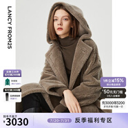 朗姿【尖貨補單】麂皮絨羊毛羊剪絨外套大衣女法式連帽泰迪顆粒絨皮草 煙灰色3 S