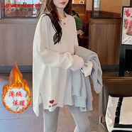 LOVER RUCCI長款鯊魚褲上衣白色內(nèi)搭打底衫女2025新款加絨長袖大t恤遮屁股長t 下擺愛心白色-薄絨 XL