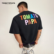TOMATOPAPA夏日潮T恤彩虹字母燙畫重磅棉高街潮流體恤衫青年上衣 黑色 M