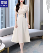 羅蒙（ROMON）高端雪紡V領(lǐng)拼接醋酸緞連衣裙女2025夏季新款氣質(zhì)收腰顯瘦中長(cháng)裙 象牙白 XL 建議111-125斤