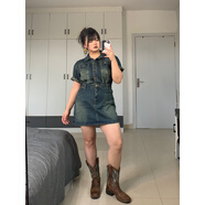 依慕琪大碼歐美辣妹街頭牛仔連衣裙女夏季顯瘦寬松時(shí)尚收腰短裙 牛仔藍(lán) 現(xiàn)貨 S