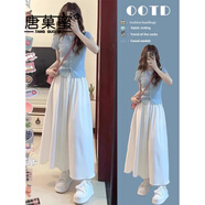 唐菓蜜新款連衣裙女2025夏季女裝韓系多巴胺時尚清新甜美風顯瘦套裝裙子 藍色上衣+白色裙子 XL