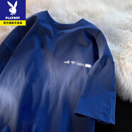 花花公子小眾設計感短袖T恤男寬松重磅純棉手機信號電量半袖個性百搭上衣 電量100%-藏青(220g純棉不透) XL 140-170斤