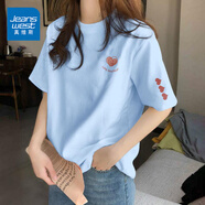 真維斯（JEANSWEST）純棉短袖女夏季2025新款休閑百搭半袖體恤衫女士潮流t恤女上衣服 天藍 玫瑰愛心_K-玫瑰愛心袖_K L