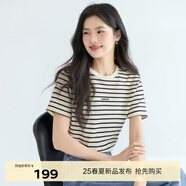 伊芙麗（eifini）【經(jīng)典延續(xù)】伊芙麗簡約撞色字母繡花條紋純棉休閑百搭短袖T恤女 本白色 M /160/84A/