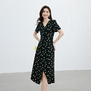 紅袖波點(diǎn)收腰連衣裙夏季新款女裝法式V領(lǐng)顯瘦減齡氣質(zhì)黑色顯白雪紡裙 黑底米點(diǎn)818 XL