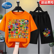 迪士尼（Disney）童裝節(jié)奏盒子上衣服男童新款夏季兒童短袖套裝夏季卡通T恤半袖 E114橘色+黑短褲 150 碼（身高130-140cm）