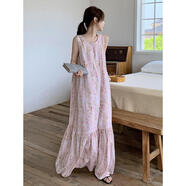 iosn2025新款背心長(cháng)裙加長(cháng)款到腳踝長(cháng)裙無(wú)袖連衣裙棉綢寬松透氣可外穿 8002背心裙粉色花條 均碼 T裙長(cháng)13590-150斤