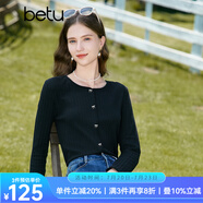 百圖betu女裝秋新款T恤圓領長袖精致蝴蝶結紐扣針織T恤女2308T19 黑色 L