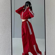 沐依琳歐美街頭休閑褲女裝套裝女秋季高腰工裝寬松顯瘦松緊腰長褲兩件套 酒紅色運動套裝 M