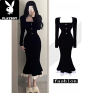 花花公子（PLAYBOY）2025秋季穿搭高端收腰魚(yú)尾裙荷葉邊修身包臀后媽復古絲絨連衣裙女 黑色 S