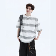 普戈斯（PUGESI）男裝衣服重磅260g霧感條紋短袖T恤男美式街頭半袖上衣潮牌體恤衫 白色 M