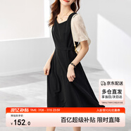 尚都比拉法式連衣裙夏季中長款a字裙泡泡袖系帶收腰顯瘦裙子 黑色 M 