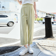 香影（xiangying）棉綠色直筒休閑褲女2025夏季新款闊腿顯瘦寬松通勤九分褲子 豆沙綠 S