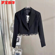 事思名媛小香風(fēng)黑色墊肩蕾絲拼接小西裝外套女歐洲站修身花邊短款西服 黑色 S