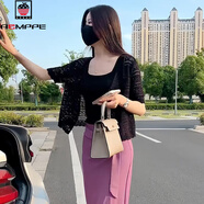 AEMAPE2025春夏季新款女士薄款短袖鏤空針織開衫外套配吊帶長裙罩衫披肩 黑色 L (160) 100-110斤