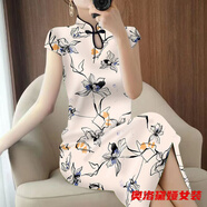 奧洛黛婭新中式中年媽冰絲連衣裙2短袖闊太印花中長(cháng)款裙子旗袍顯瘦修身復 杏色 XL 建議100-115斤