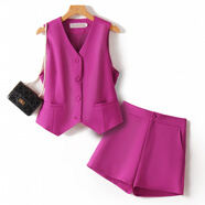 珂芙妍夏季短褲加西裝套裝女2025新款時(shí)尚氣質(zhì)顯瘦無(wú)袖馬甲上衣+高腰闊 玫紅色 S