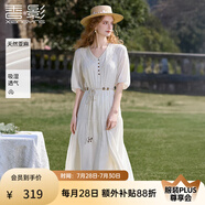 香影度假風(fēng)波西米亞白色連衣裙女2025夏裝新款含亞麻收腰v領(lǐng)裙子 米白 S 155/80A/85-95斤