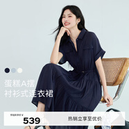 伊芙麗（eifini）伊芙麗醋酸腰帶收腰蛋糕A擺通勤襯衫式連衣裙女2025夏裝新款 藏青 M 105-115斤