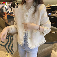 啄木鳥名媛風(fēng)氣質(zhì)小香風(fēng)短款外套女2025春秋季復(fù)古網(wǎng)紗拼接粗花呢上衣潮 杏色 L _115-125斤