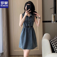 羅蒙（ROMON）夏季無(wú)袖牛仔連衣裙女時(shí)尚氣質(zhì)高級設計感收腰小個(gè)子修身A字裙潮 復古藍【關(guān)注店鋪送腰帶】 M 【100-115】斤
