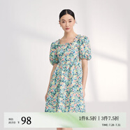 VEROMODA女裝新款油畫碎花方領(lǐng)泡泡袖連衣裙女 C01鹽泉綠色-追單2 XS