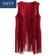 SMVP西部牛仔馬甲女民族風(fēng)新疆旅游新品時(shí)尚薄款流蘇馬夾顯瘦無(wú)袖背心 磚紅色 S