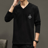 七匹狼（SEPTWOLVES）潮流男士長(zhǎng)袖恤領(lǐng)新款上衣服男裝春季純色白體恤打底衫 長(zhǎng)袖V領(lǐng)船錨黑色 3XL