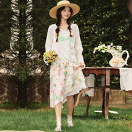 B.Duck小黃鴨雪紡連衣裙2025夏季新款流蘇鏤空罩衫兩件套中長(cháng)裙 米杏色 XS