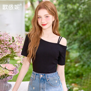 歌依妮夏季新款女裝甜美黑色顯瘦短款露肩斜肩打底衫短袖T恤衫體恤上衣 黑色 S