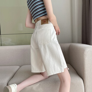 ANGEL MOOD港味白色五分牛仔短褲女夏季薄款高腰寬松顯瘦直筒闊腿中褲5分褲 白色 28 (110到120斤)
