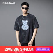 PINLI品立2025夏季新款小熊牛仔貼布燒花鉚釘圓領(lǐng)男士短袖T恤上衣 黑色 M (170)