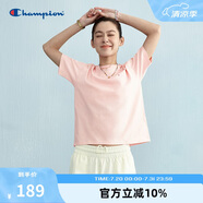 Champion冠軍短袖t恤女25春夏刺繡純棉純色百搭白色正肩t恤 粉色 M