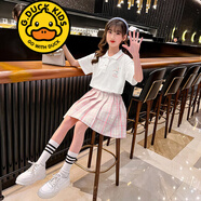 G.DUCKKIDS品牌童裝女童套裝夏季套裙兒童夏裝短袖T恤半身裙子兩件套中大童 W232 粉色 120