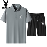 花花公子商務(wù)休閑冰絲短袖t恤男裝夏季薄款中青年polo領(lǐng)體恤衫上衣 中灰+短褲 3XL 碼建議155-170斤