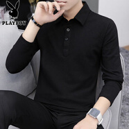 花花公子（PLAYBOY）男裝長(zhǎng)袖T恤有領(lǐng)子男衫純黑色男士休閑翻領(lǐng)秋裝反領(lǐng)男衫體恤土 黑色 T54 M