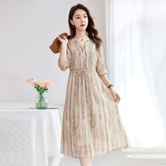 【真絲亞麻混紡】中大淑休閑大碼絲麻印花連衣裙女中長(cháng)A字裙1123 淺棕色 M (90-115斤)