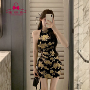 蜜樂(lè )奇復古黑色燙金掛脖連衣裙女夏季新中式緊身短裙顯身材收腰包臀裙子 黑金色 C156 M