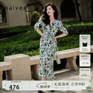 納薇（naivee）商場同款收腰茶歇裙經(jīng)典V領法式印花碎花連衣裙女 青藍 S