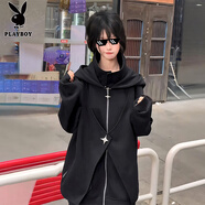 花花公子（PLAYBOY）假兩件蝙蝠連帽衛衣男款秋冬美式高街廓形開(kāi)衫拼接立領(lǐng)情侶外套女 黑色 M 95至115斤可穿